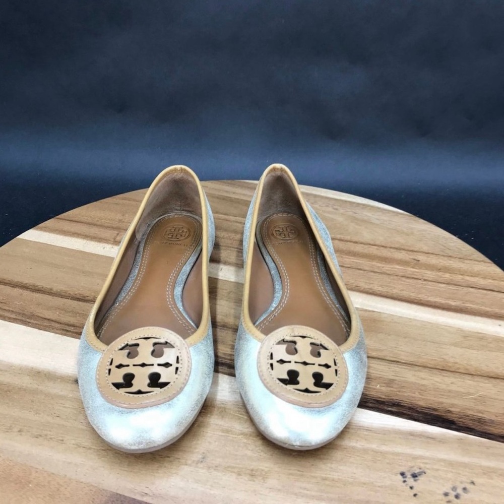 Tory Burch Louisa Gold Brown Leather Logo Cutout Ballet Flats Slip On Womens 7.5